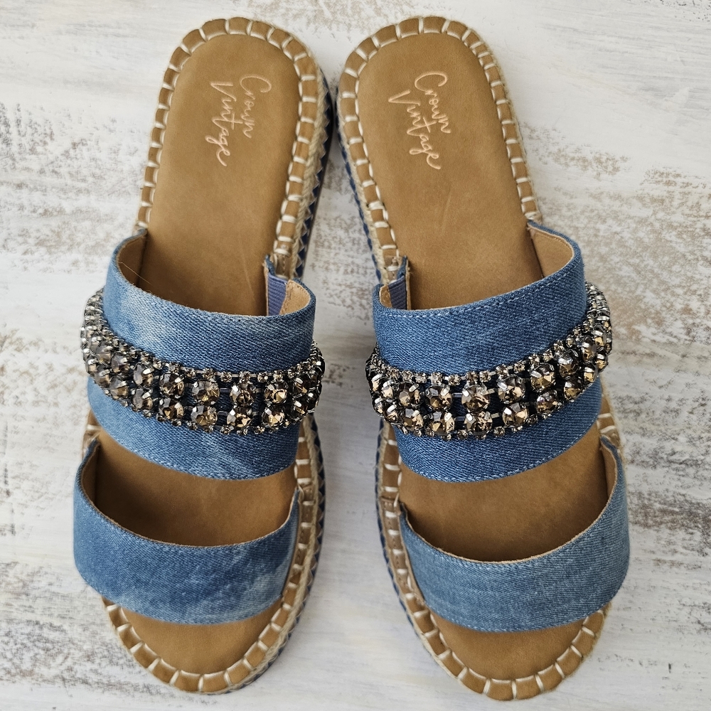 Nwob Crown Vintage Blue Denim Sandal Slides with Rhinestone Accent